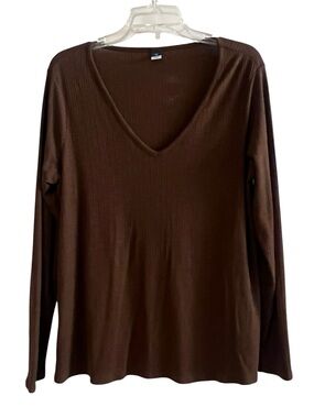 Old Navy Luxe Rib-Knit V-Neck Long-Sleeve Top Brown Medium